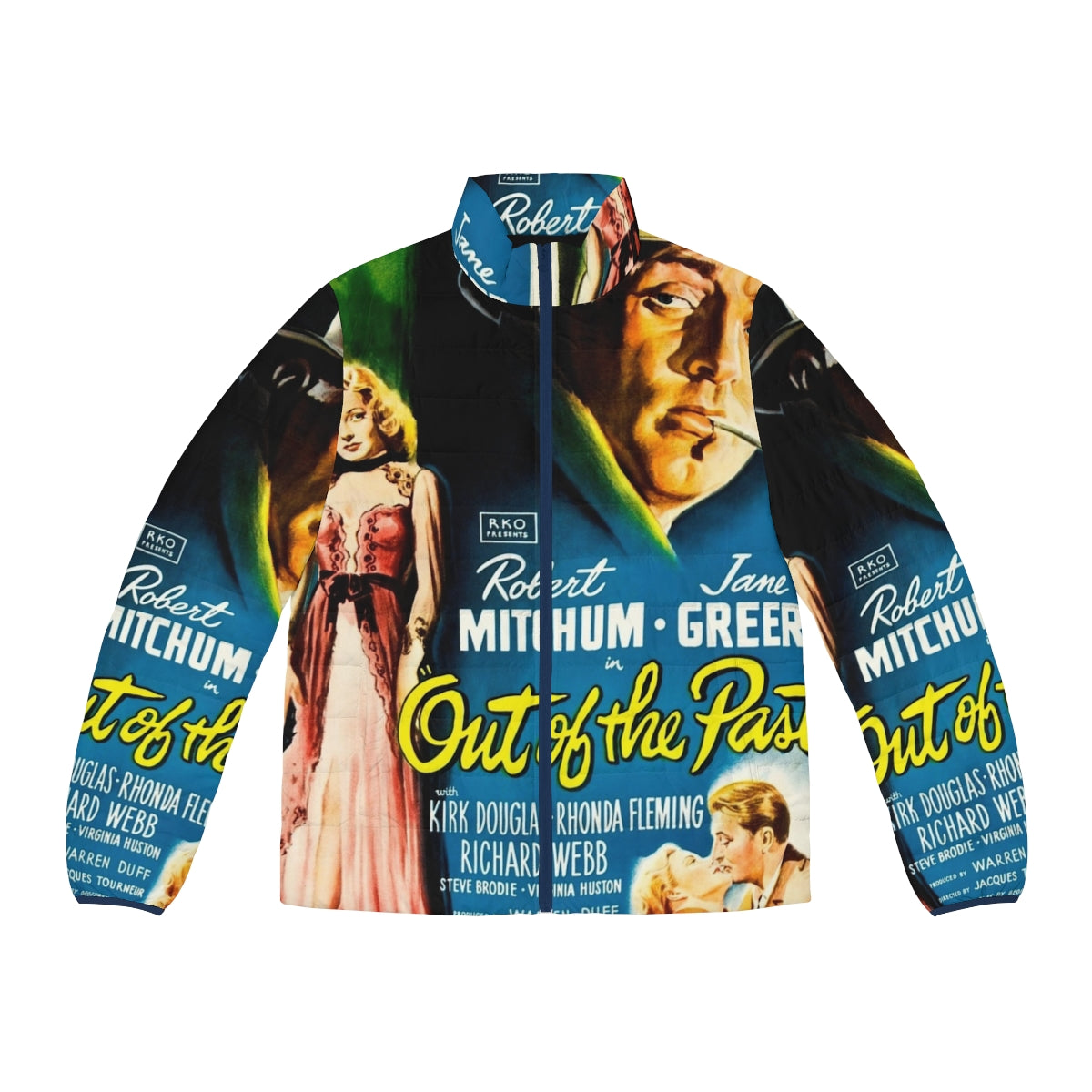 Classic "Out Of The Past" vintage movie poster puffer jacket featuring Robert Mitchum and Kirk Douglas