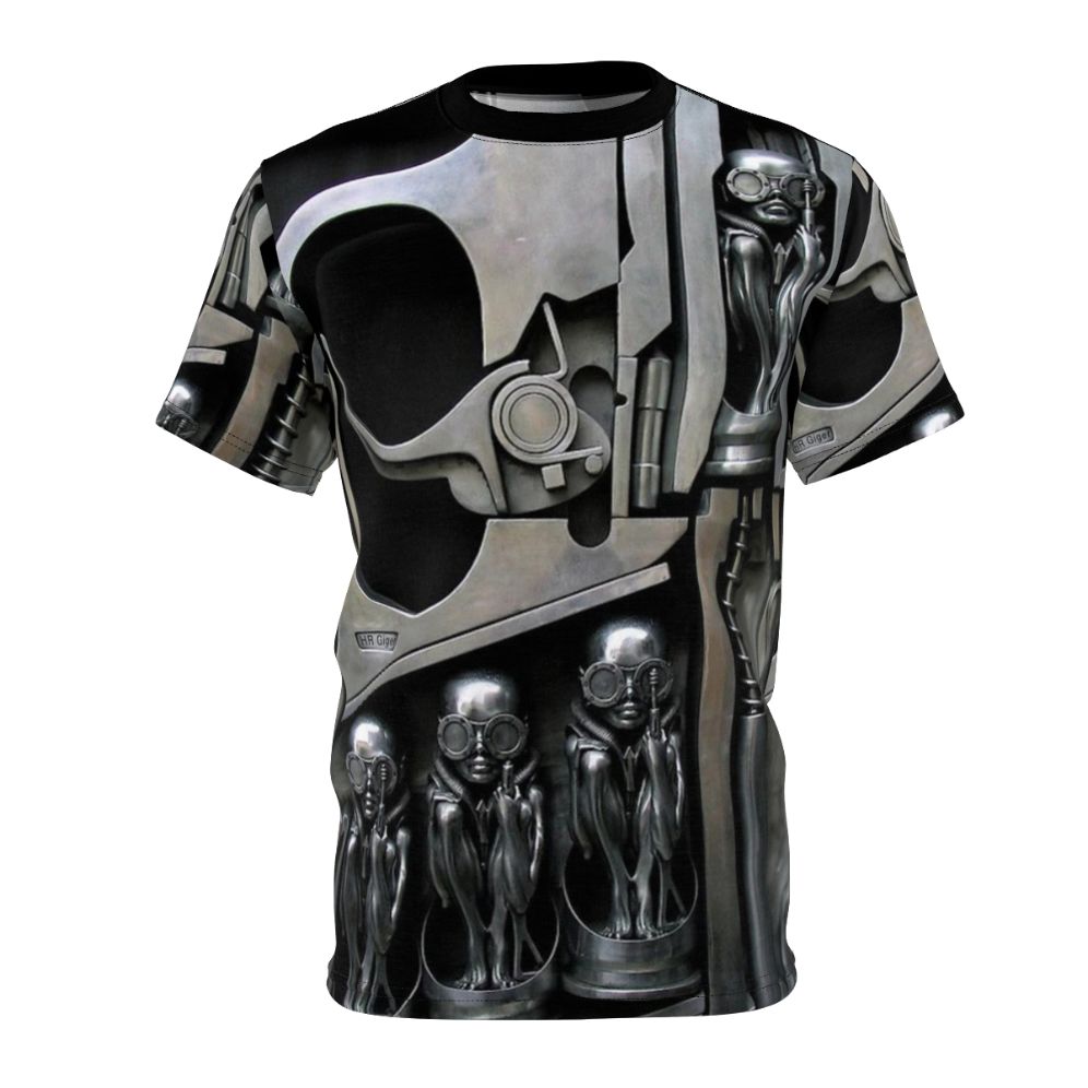 Unisex T-shirt featuring a biomechanical sculpture design inspired by the dark sci-fi art of H.R. Giger