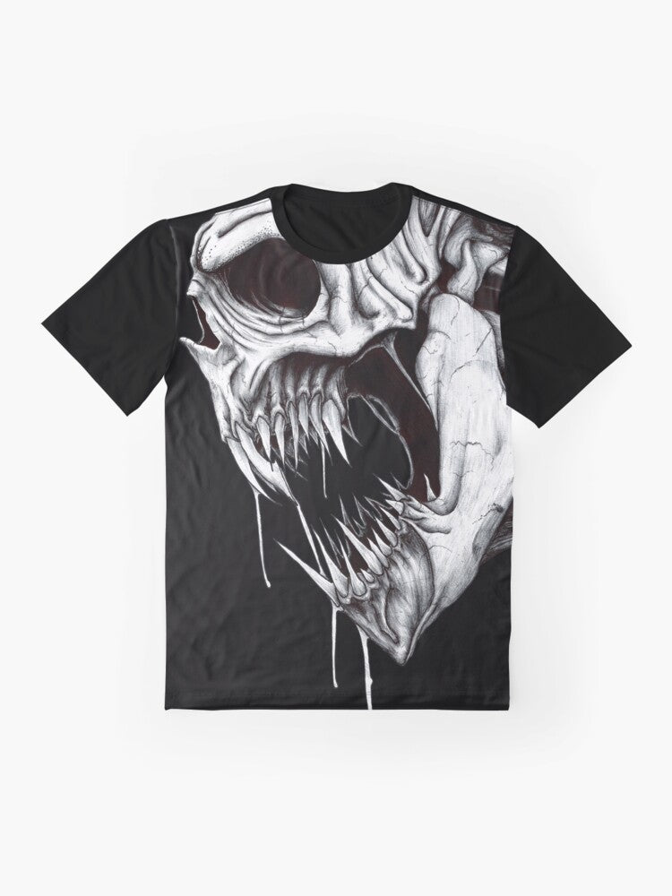 A graphic t-shirt featuring the ominous Grim Reaper with a skull, teeth, and fangs - Flat lay