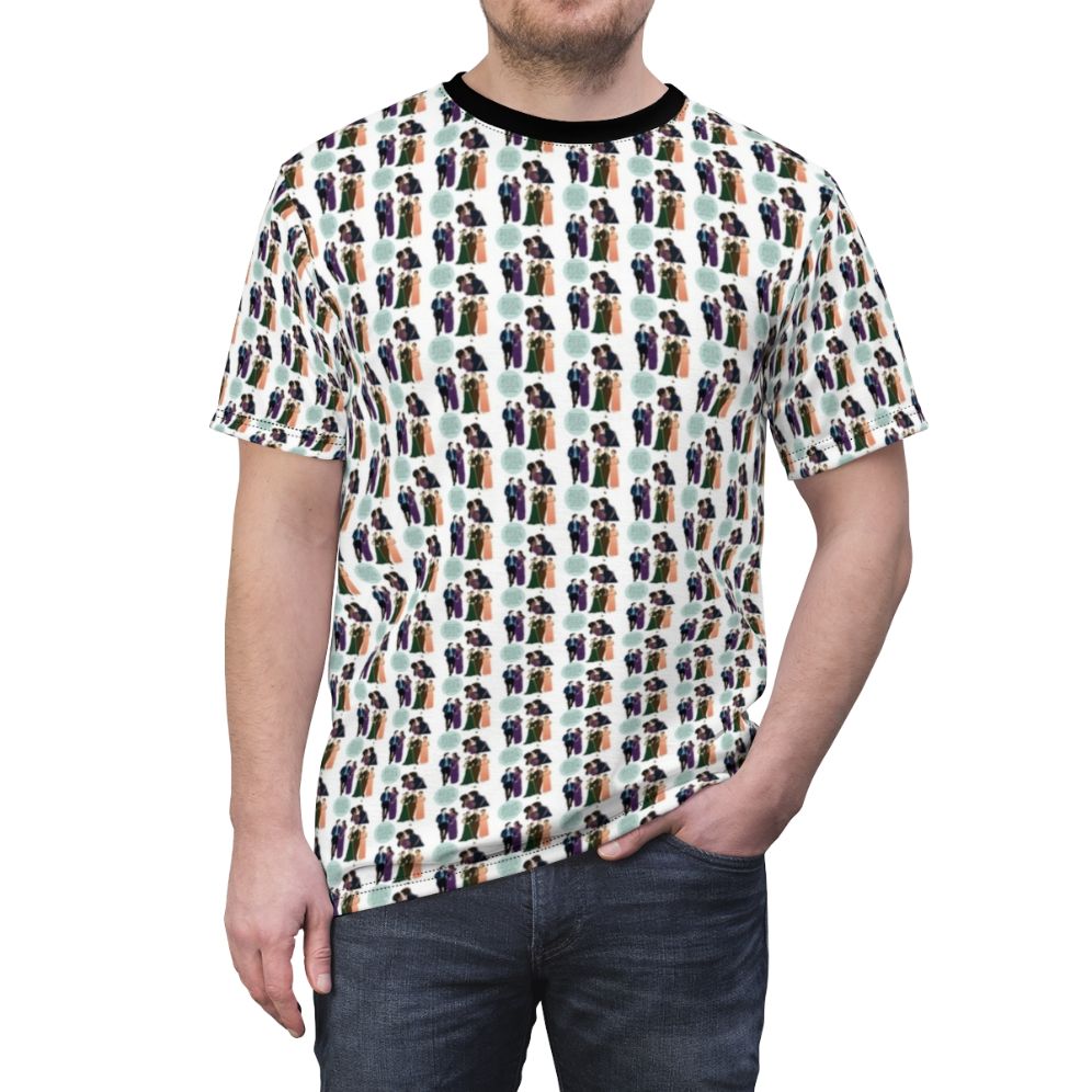 Bridgerton inspired all-over-print t-shirt featuring the cast of the popular Netflix series - men front