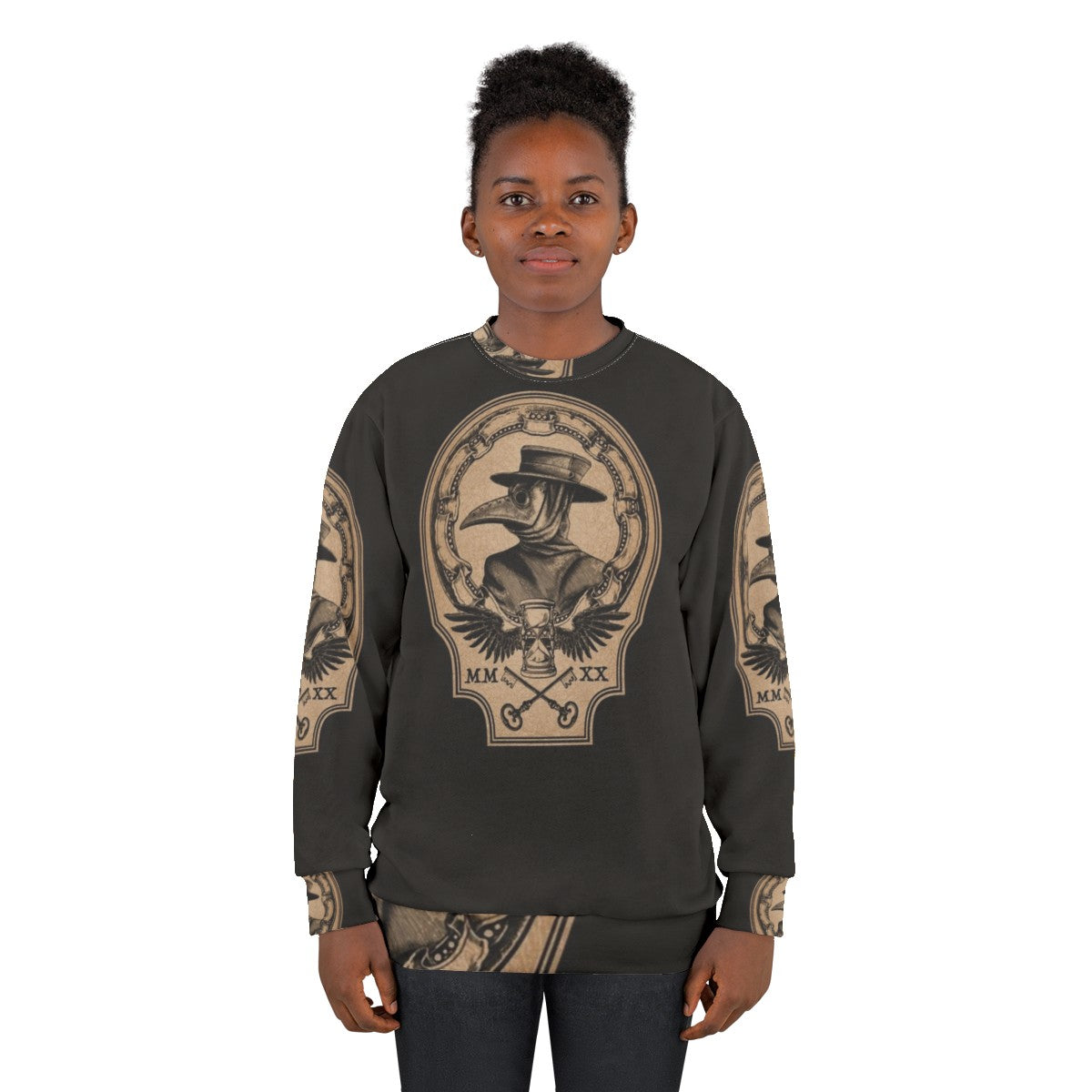 Vintage plague doctor gothic sweatshirt with raven, hourglass, and roman numerals - women