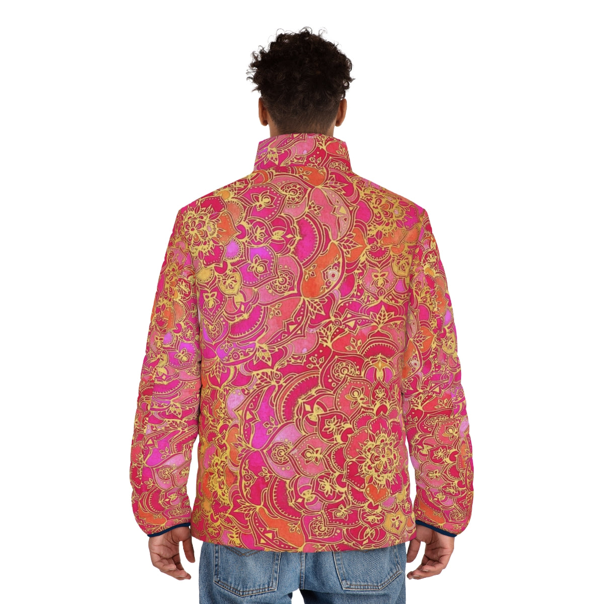 Hot pink and gold baroque floral patterned puffer jacket - men back