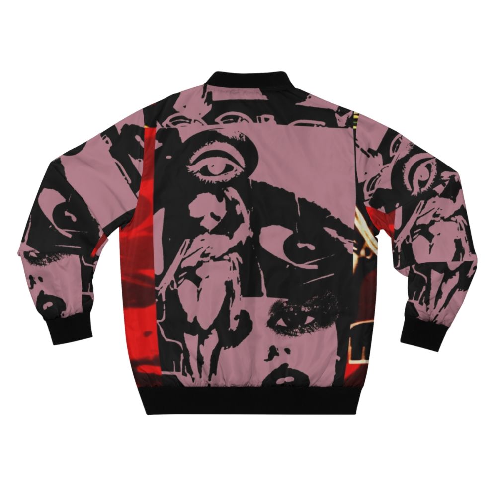 Unique alternative bomber jacket with a collage design featuring surreal and punk elements - Back