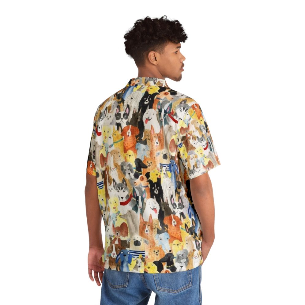 Colorful Hawaiian shirt featuring a playful watercolor print of various dog breeds - People Back