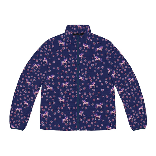 A vibrant puffer jacket featuring a magical unicorn and floral print design