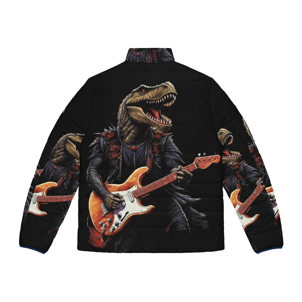 A dinosaur playing a guitar on a puffer jacket, a fun and unique prehistoric rock music lover gift. - Back