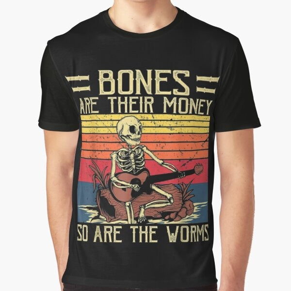 Retro graphic t-shirt featuring a skeleton playing guitar with the text "I Think You Should Leave with Tim Robinson"