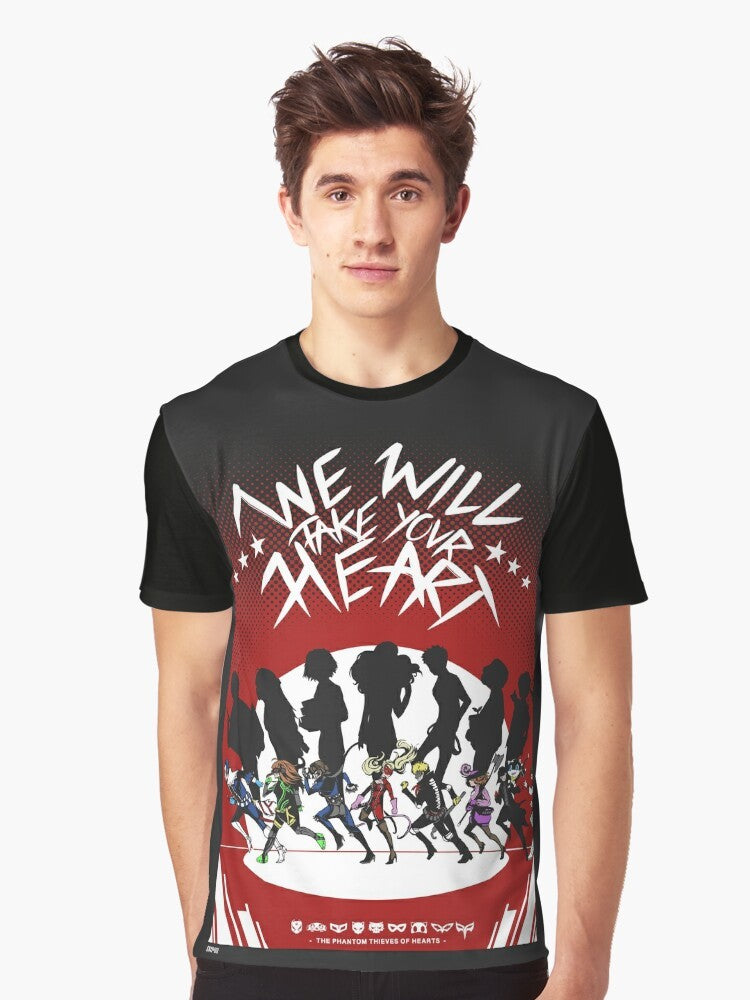 Persona 5 Joker Graphic T-Shirt featuring the Phantom Thieves logo and text "We Will Take Your Heart" - Men