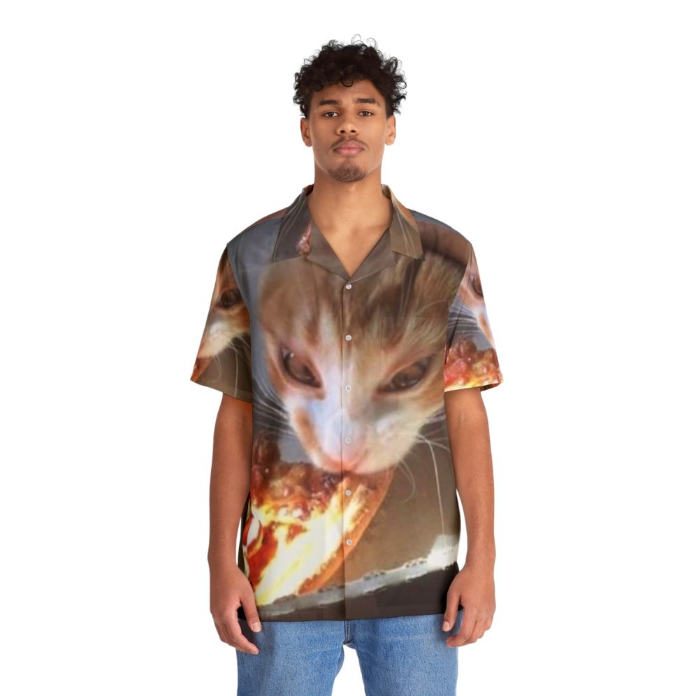 Cat licking pizza on a Hawaiian shirt - People Front