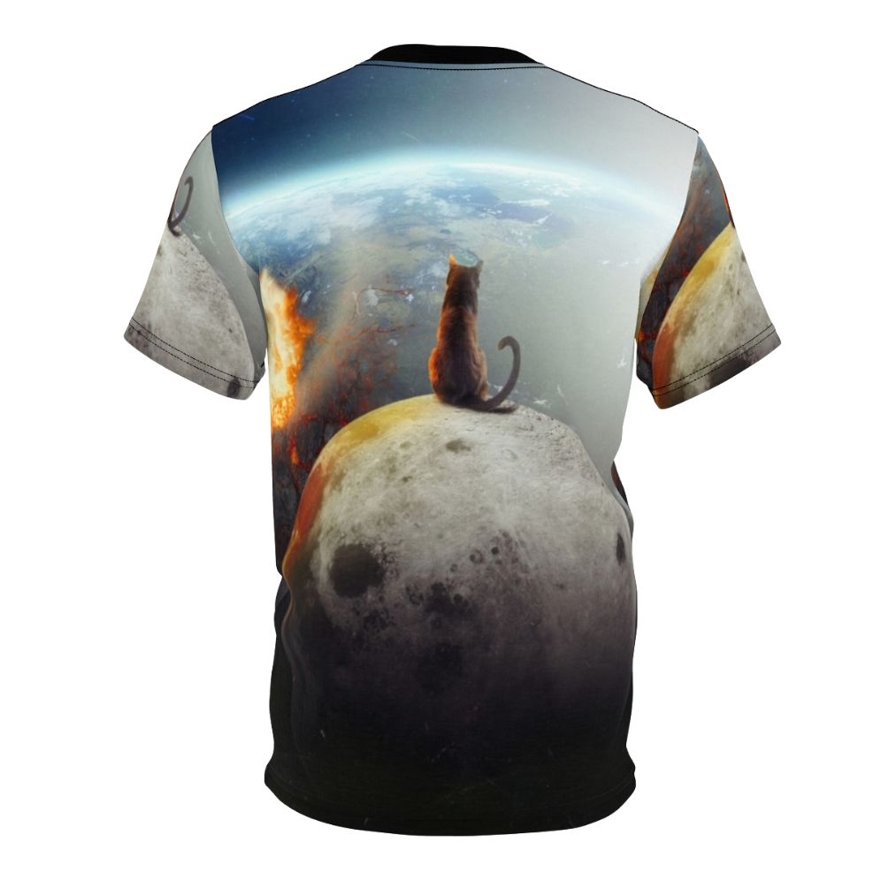 A t-shirt featuring a unique photomanipulation design of a cat in a sci-fi, fantasy space setting. - Back