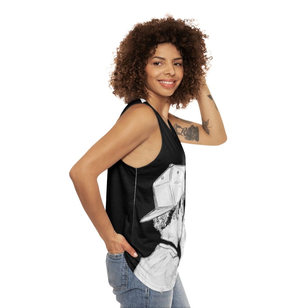 Unisex black and white band drummer tank top - women side