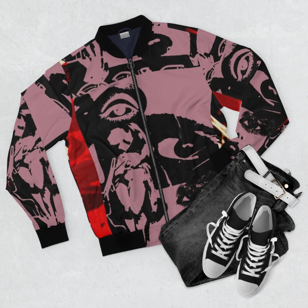 Unique alternative bomber jacket with a collage design featuring surreal and punk elements - Flat lay