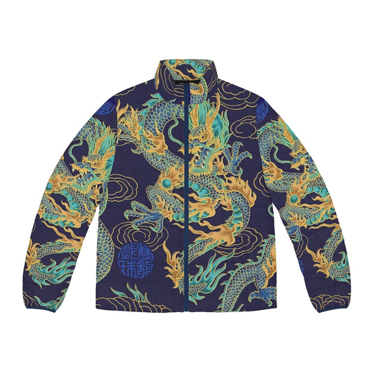 Dragon-themed puffer jacket with abstract nature-inspired design