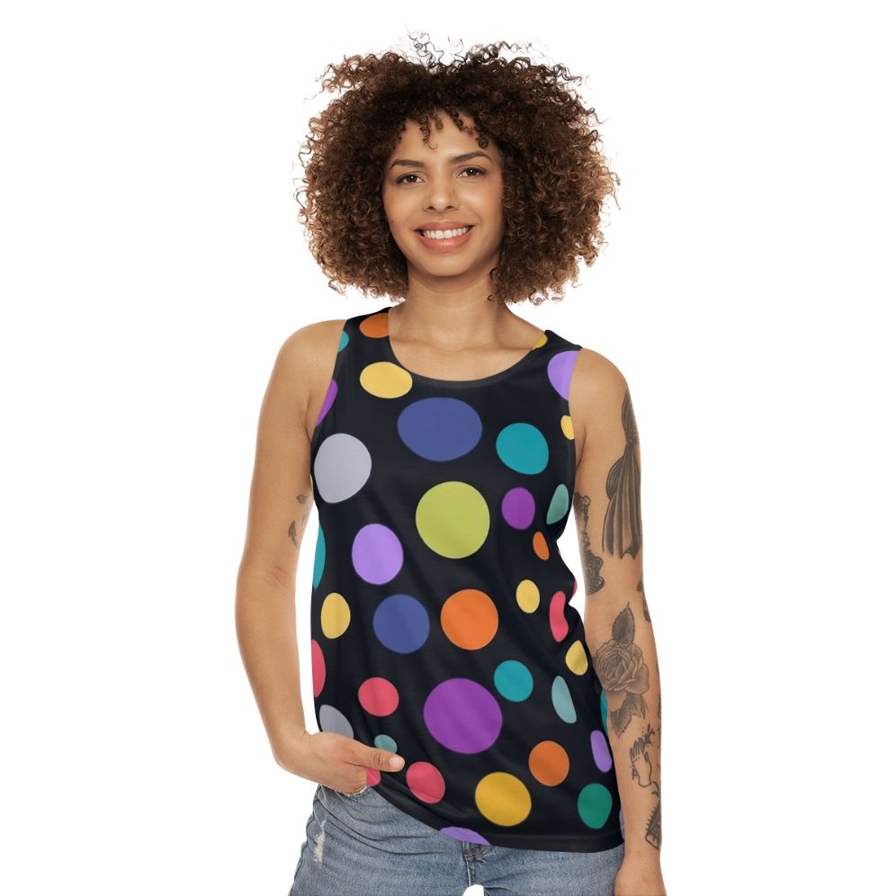 Colorful polka dot unisex tank top with minimalist geometric design - women