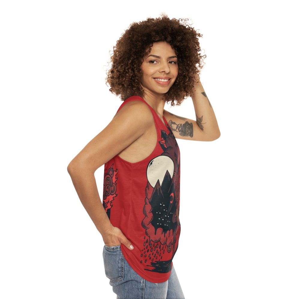 Unisex tank top with a fierce wolf leader design - women side