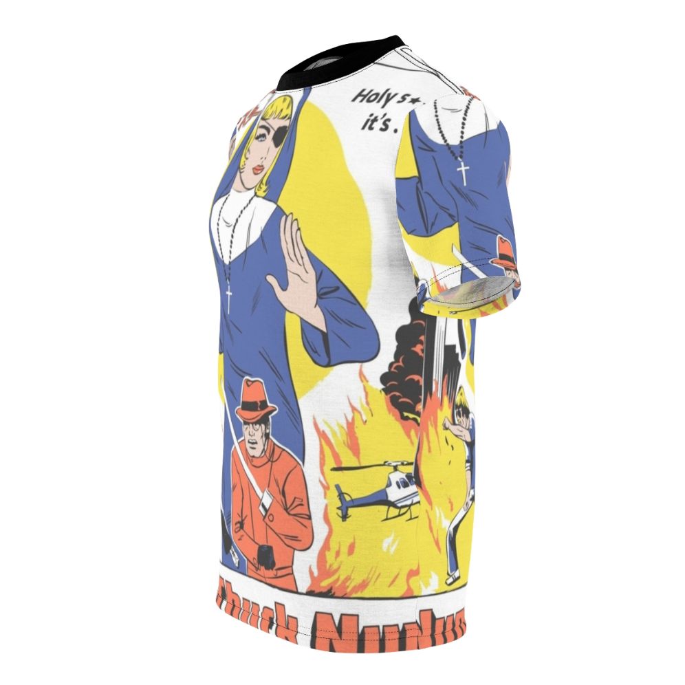 A stylish t-shirt featuring a nun wielding nunchucks in a retro, pop culture-inspired design. - men left