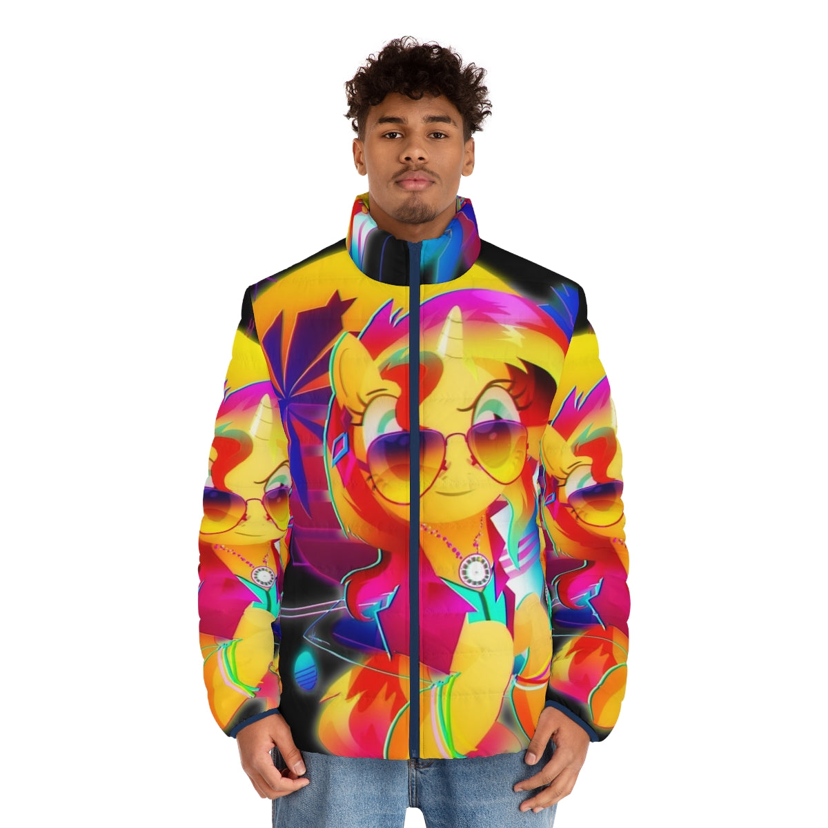 Sunset Shimmer inspired synthwave puffer jacket with retro 80s neon vaporwave design - men front