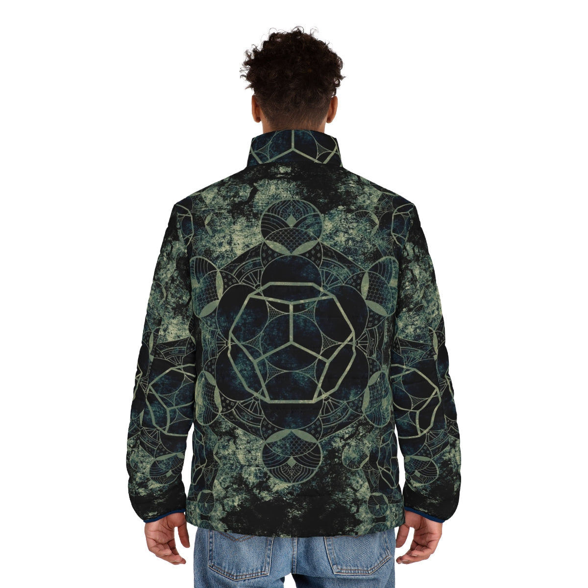 Sacred Geometry Spiritual Puffer Jacket with Mandala and Chakra Designs - men back