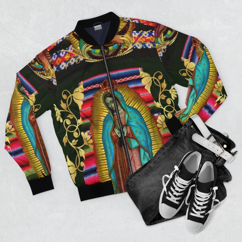 Our Lady of Guadalupe Virgin Mary Bomber Jacket - Flat lay