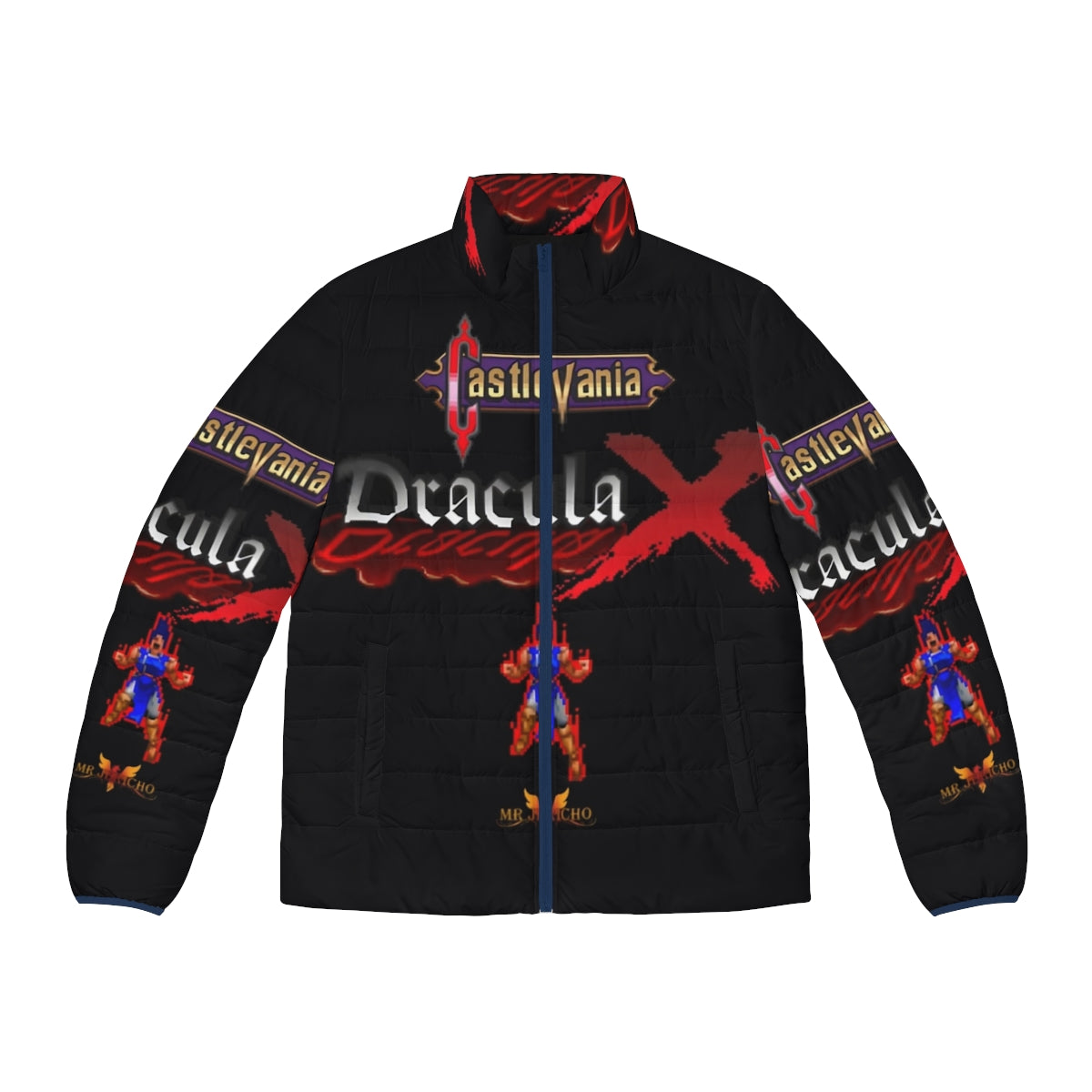 Castlevania Edge of Night Puffer Jacket featuring Alucard, Trevor Belmont, and Sypha Belnades