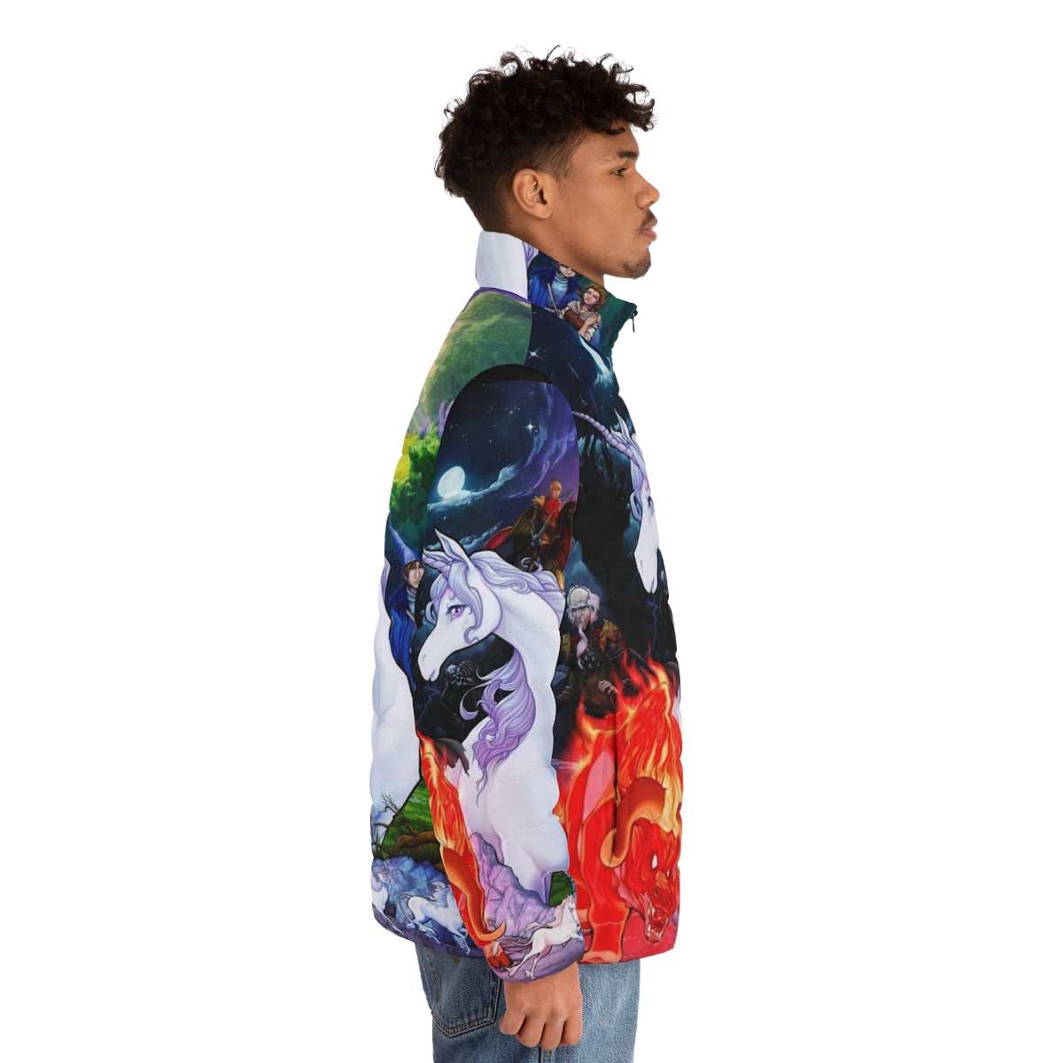 The Last Unicorn puffer jacket with fantasy and magical creature design - men side right