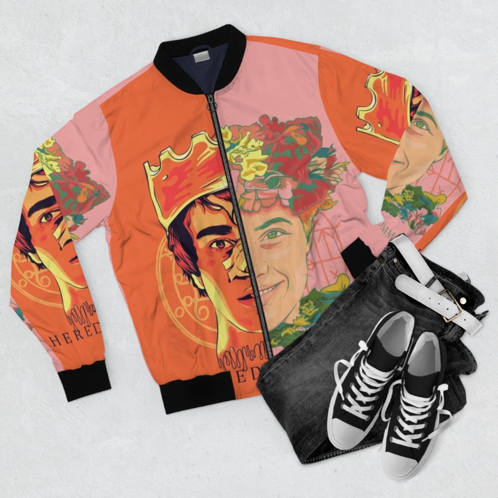 Hereditary and Midsommar inspired bomber jacket featuring horror movie elements - Flat lay