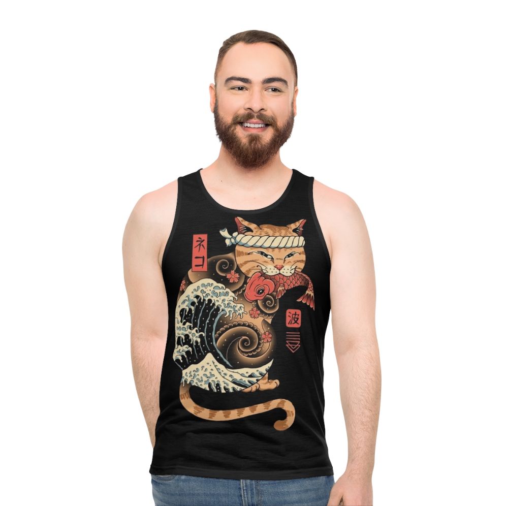 Catana Wave Unisex Tank Top featuring a cat design inspired by the Great Wave off Kanagawa - men