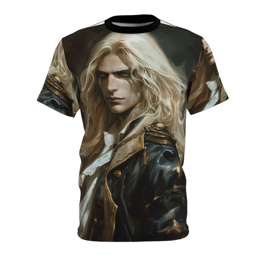 Castlevania inspired all-over print t-shirt featuring Alucard, the iconic vampire from the Castlevania video game series.