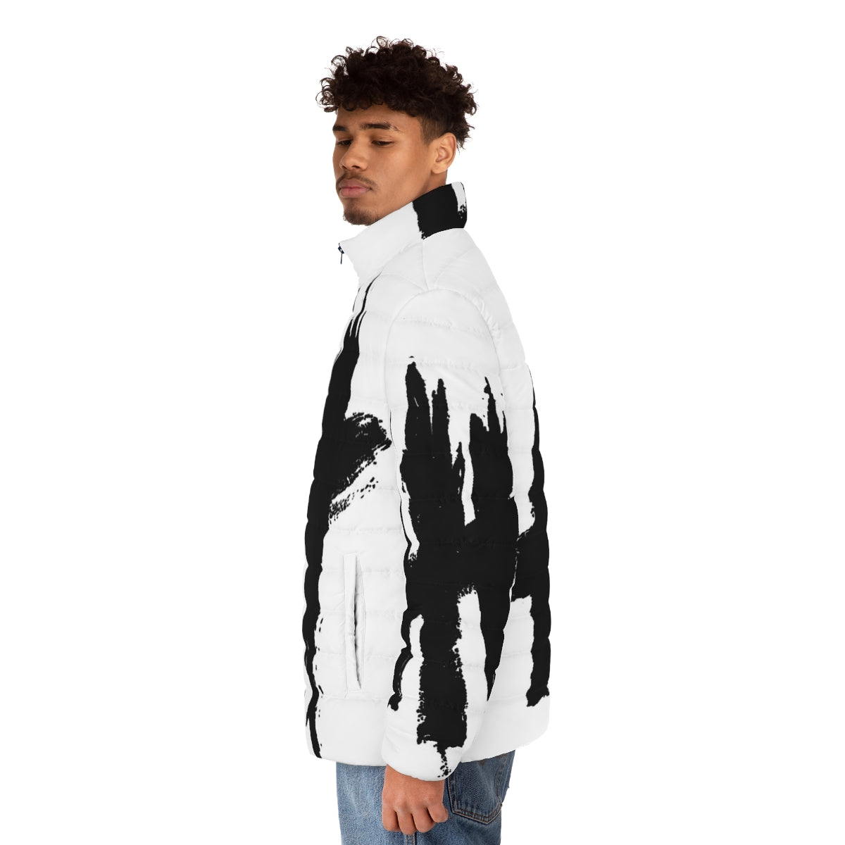 New Politics Puffer Jacket featuring a stylish black and white band logo design - men side left