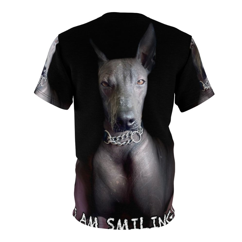 Stylish t-shirt featuring a graphic design of a Mexican Hairless dog, also known as a Xoloitzcuintle or Xolo. - Back