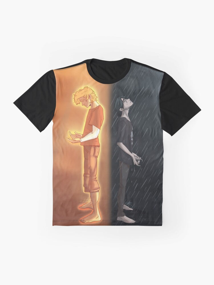 Graphic tee featuring Nico di Angelo and Will Solace from the Percy Jackson universe, with a sun and rain design. - Flat lay