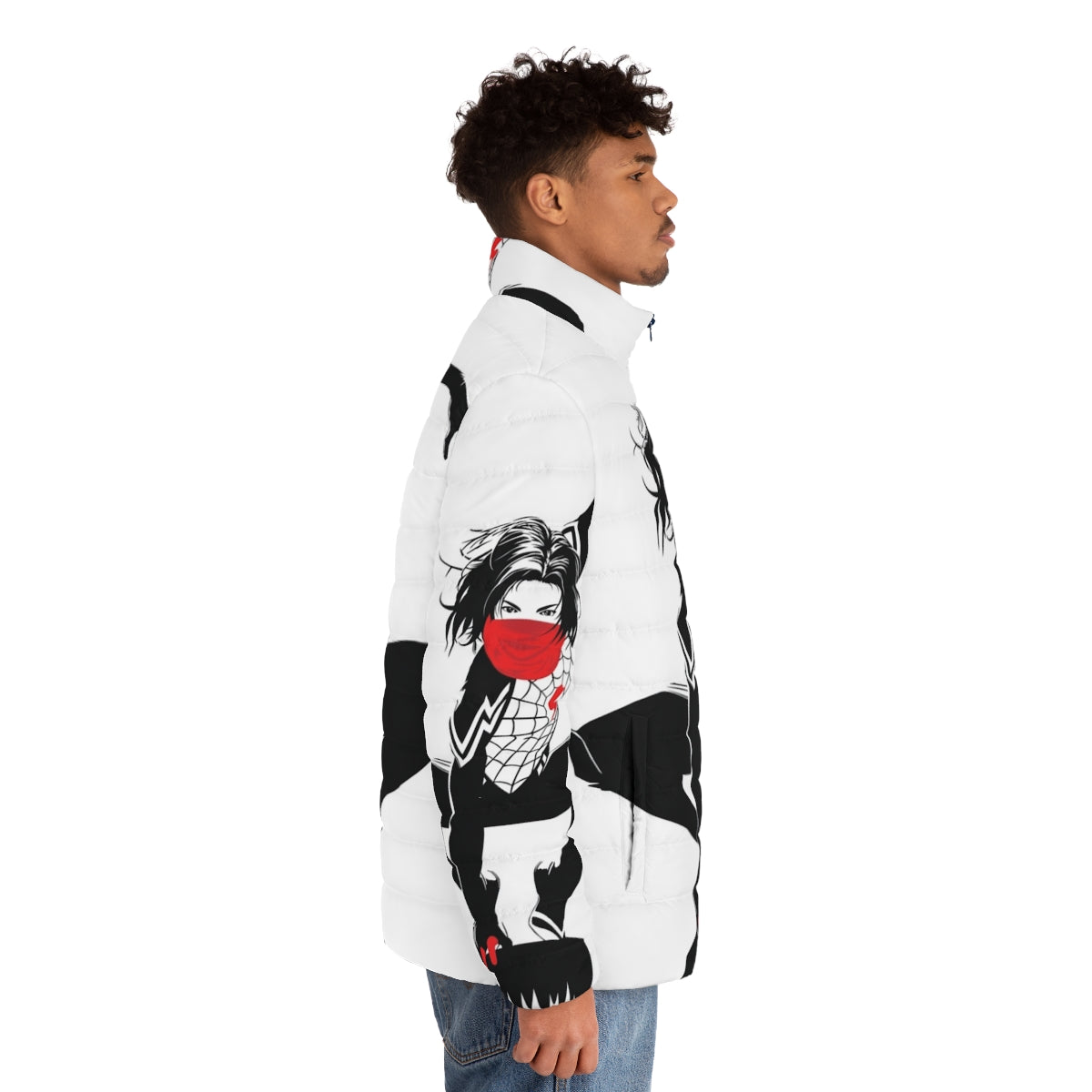 Silk Cindy Moon Black and White Puffer Jacket with Spider-Verse Inspired Design - men side right