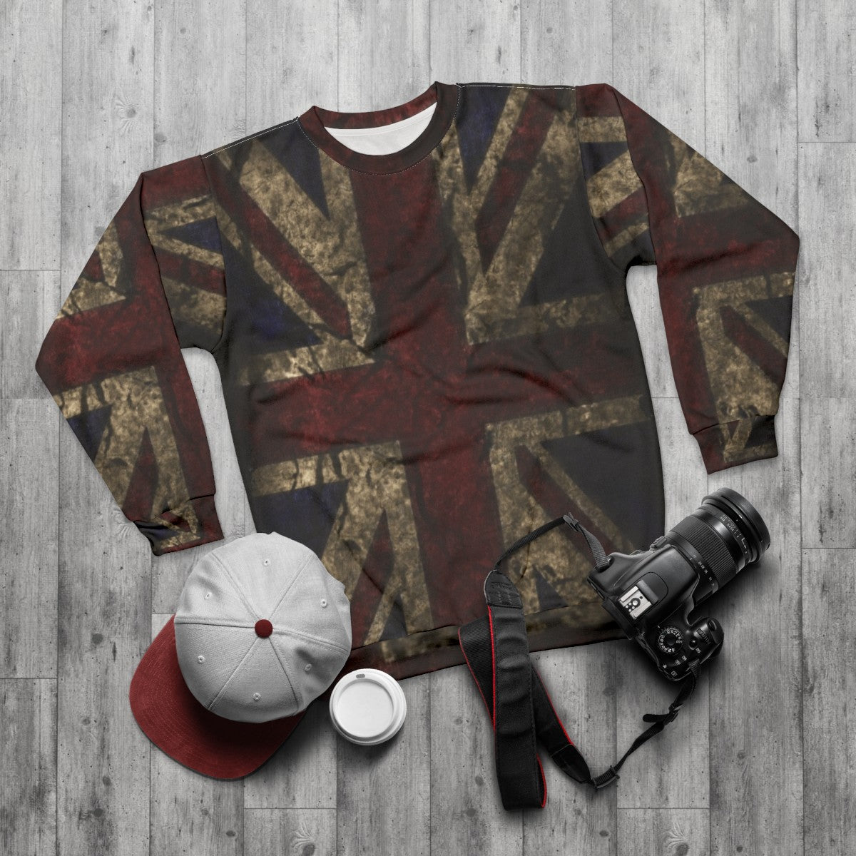 Distressed vintage UK England flag sweatshirt - flat lay