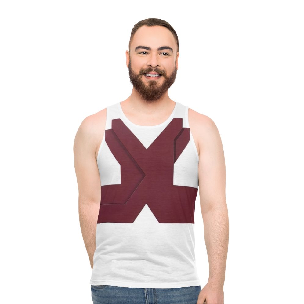 Unisex tank top featuring Thomas Downing's abstract art with optical illusion and vibrant colors - men