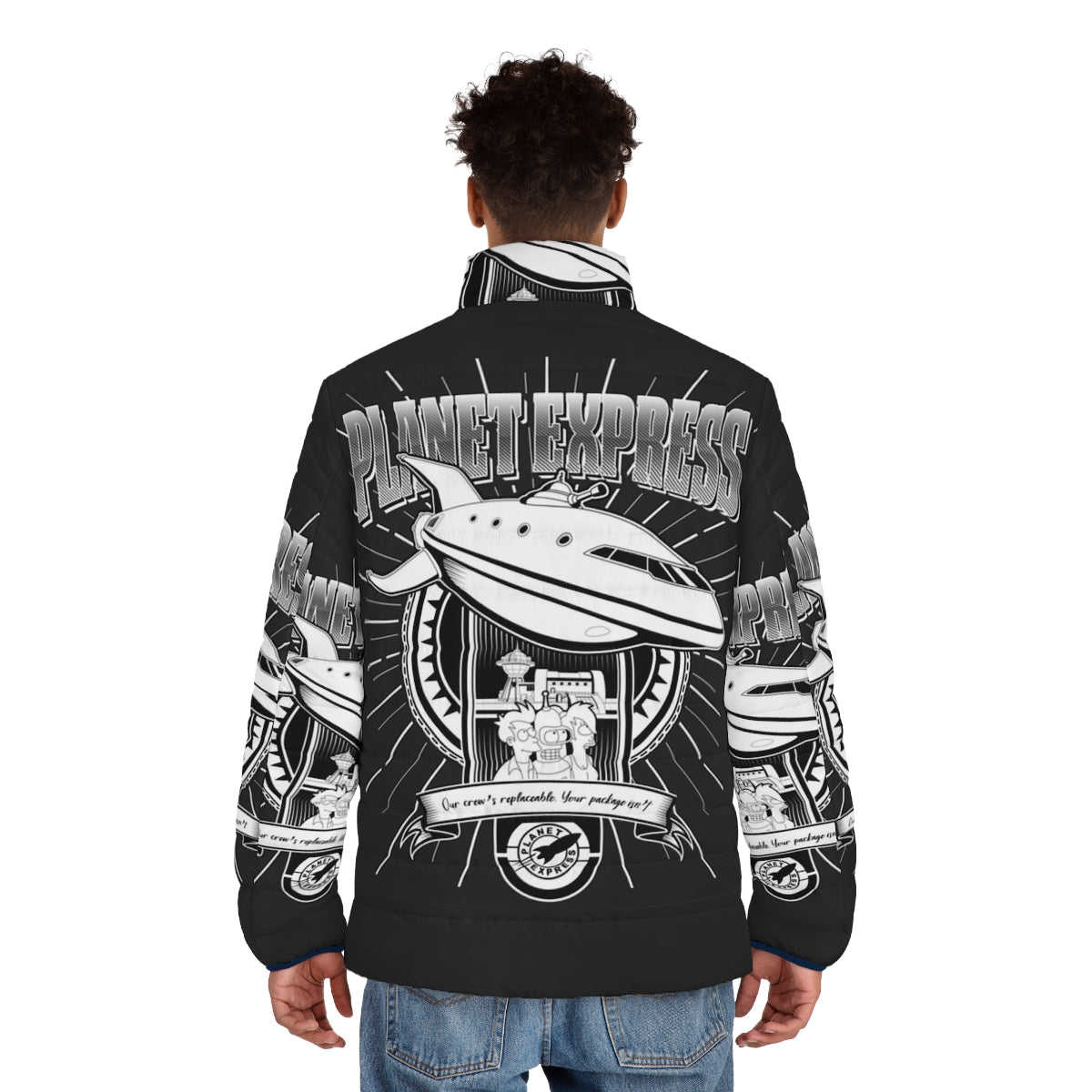 Planet Express Futurama themed puffer jacket featuring the iconic ship, characters, and branding - men back