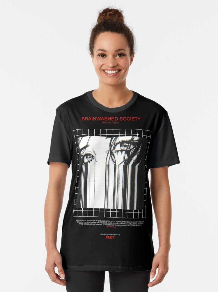 Brainwashed Society graphic t-shirt with glitch, anime, and vaporwave inspired design - Women