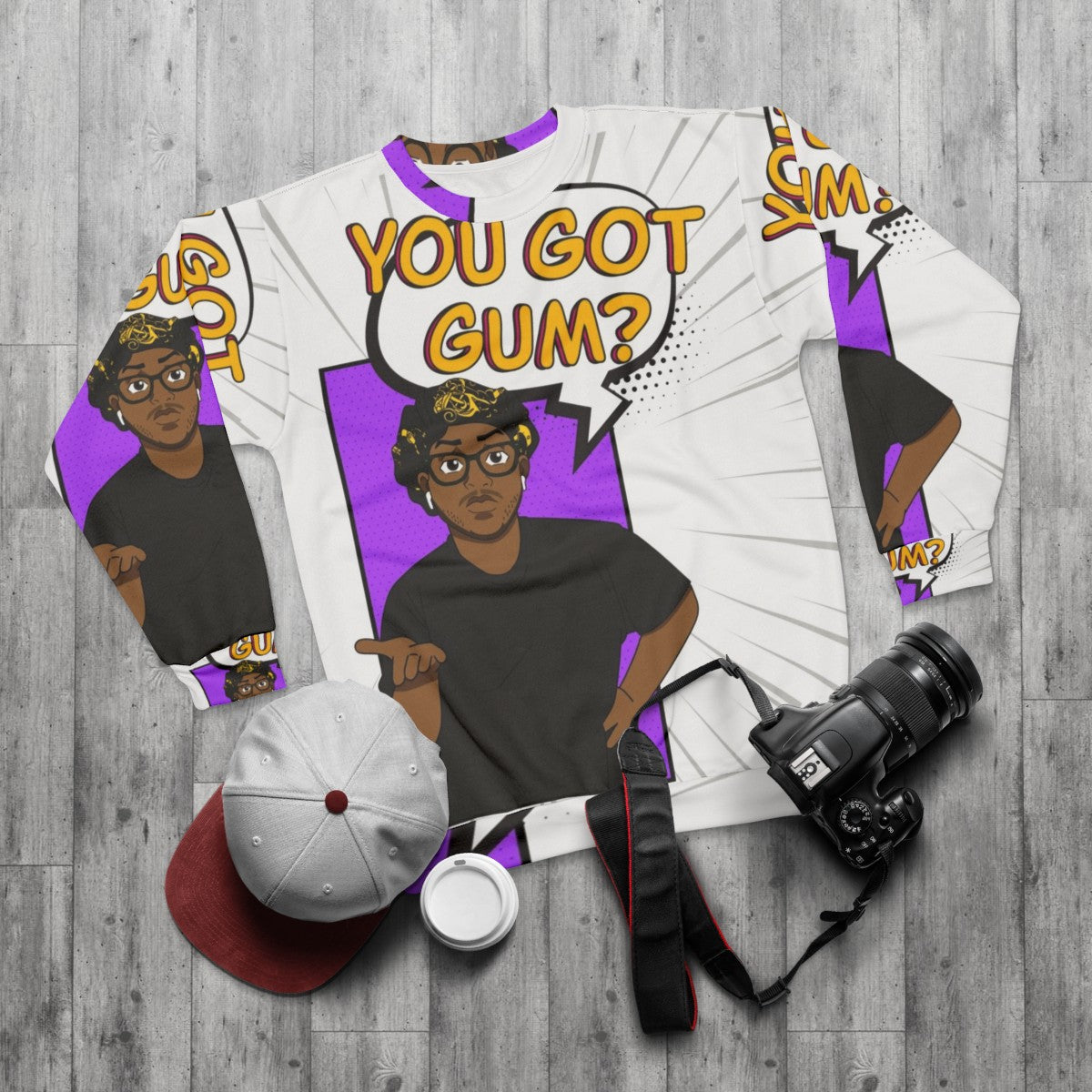 "You Got Gum" Sweatshirt with Funny Eddie Jokes - flat lay