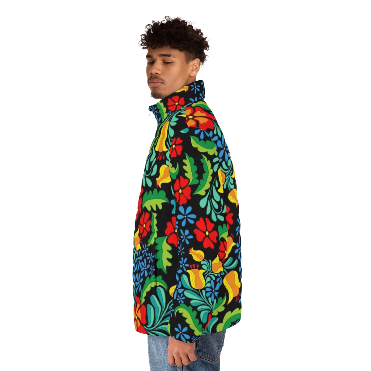 Seamless ethnic pattern in traditional Mexican style on a puffer jacket - men side left