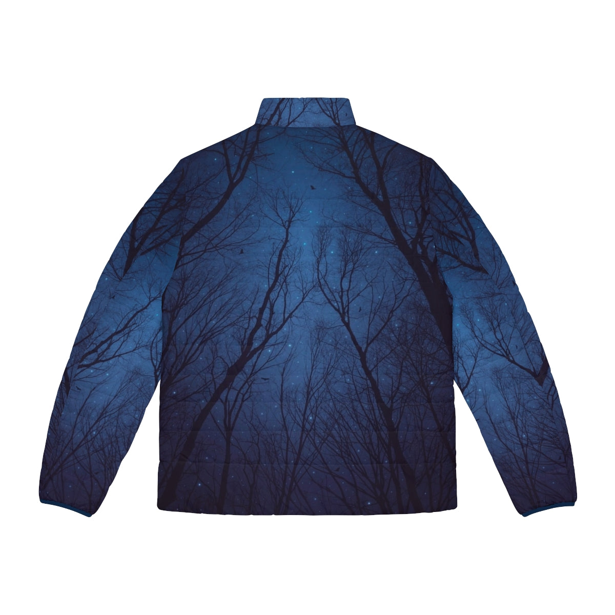 Puffer jacket with a cosmic design featuring a starry night sky, nebula, and abstract tree silhouettes - Back