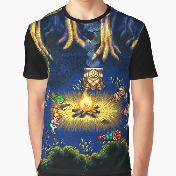 Chrono Trigger retro pixel art graphic t-shirt featuring a campfire scene with iconic characters from the classic SNES RPG game.