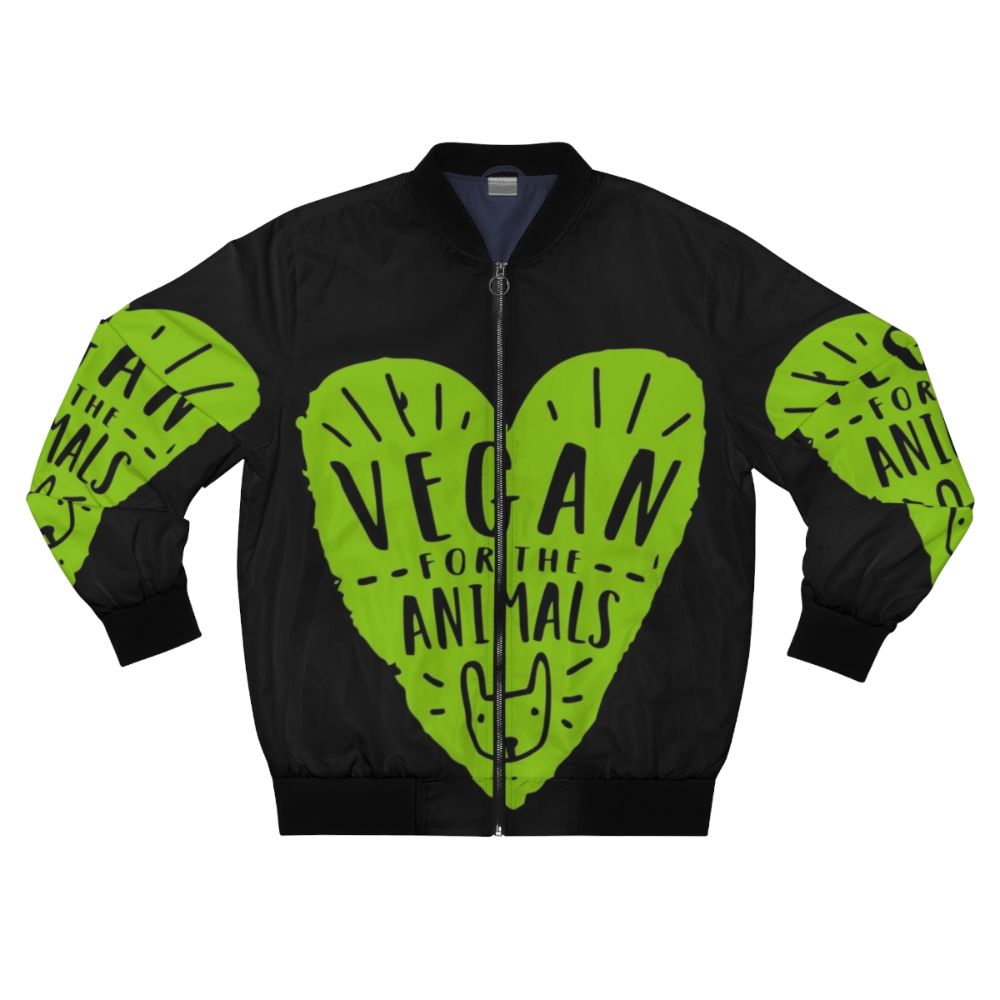 Vegan bomber jacket with "Vegan for the Animals" design, showcasing compassion for animals and a cruelty-free lifestyle.