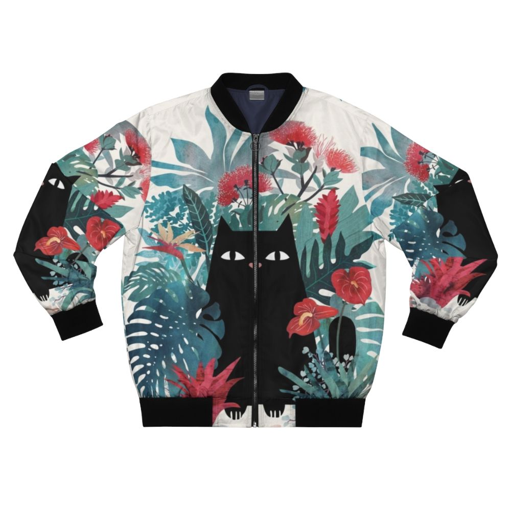 Popoki Black Cat Tropical Floral Bomber Jacket