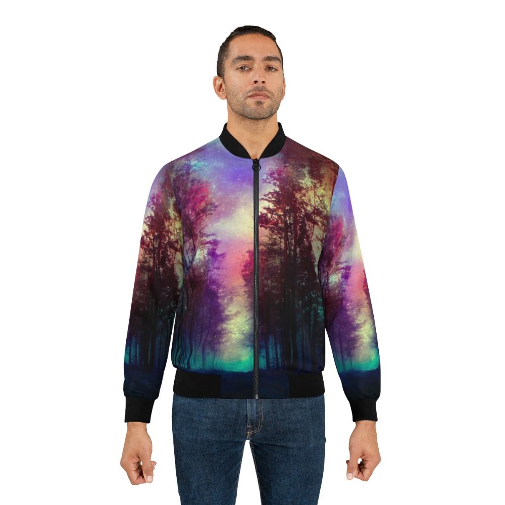 Magical forest bomber jacket with a colorful landscape design featuring trees, sky, and stars. - Lifestyle