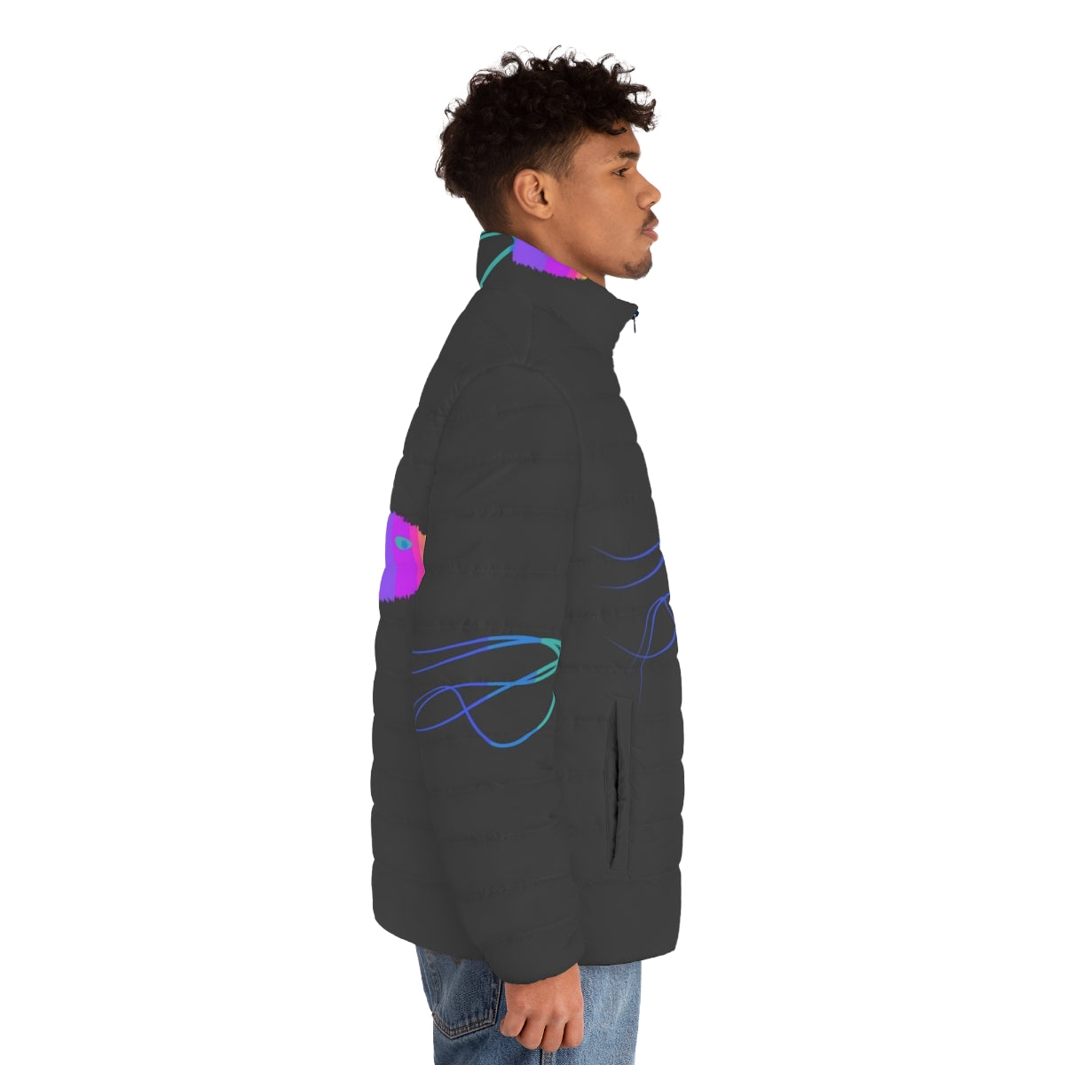 Jellyfish puffer jacket with colorful abstract animal design - men side right