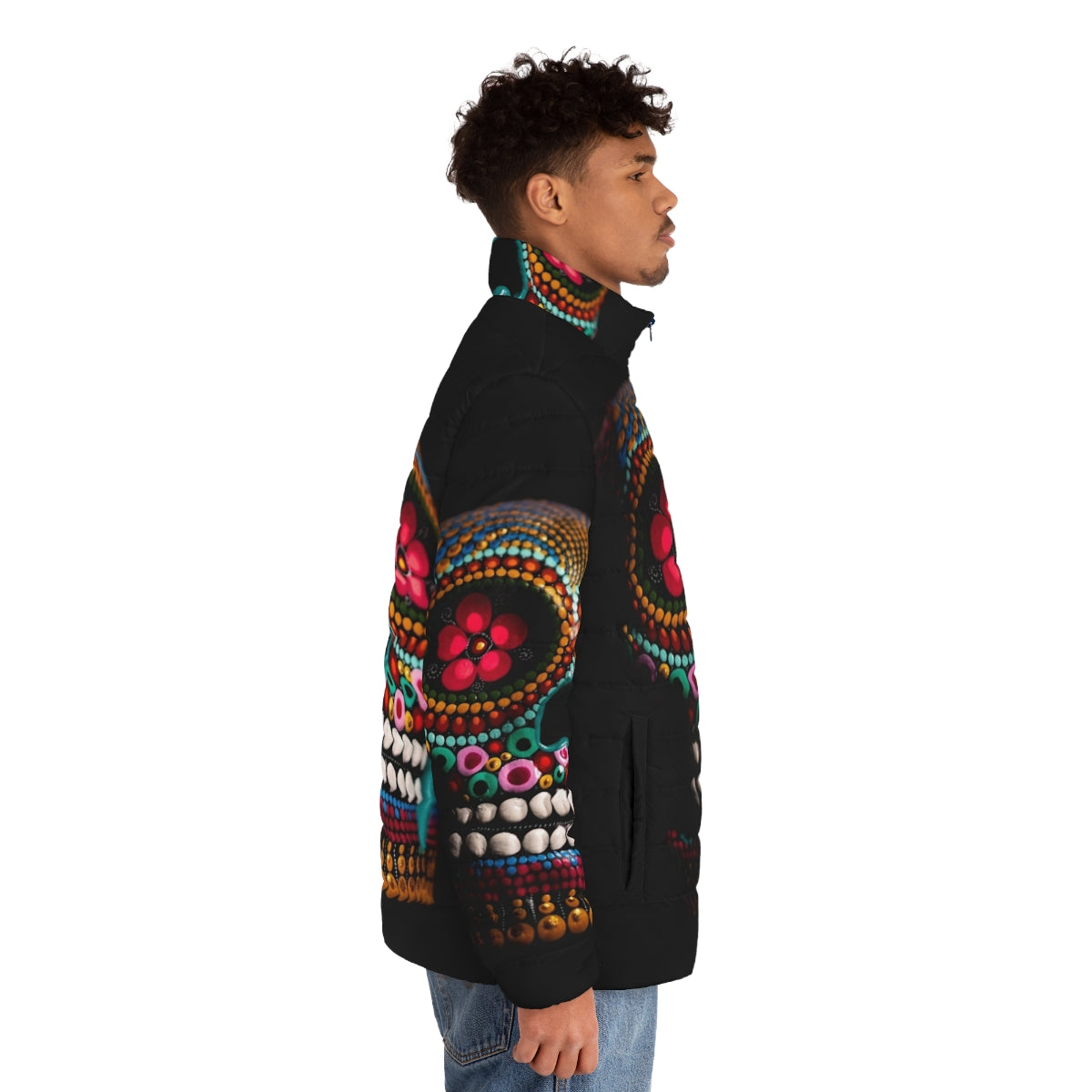 Goli multicolored skull puffer jacket with day of the dead inspired design - men side right