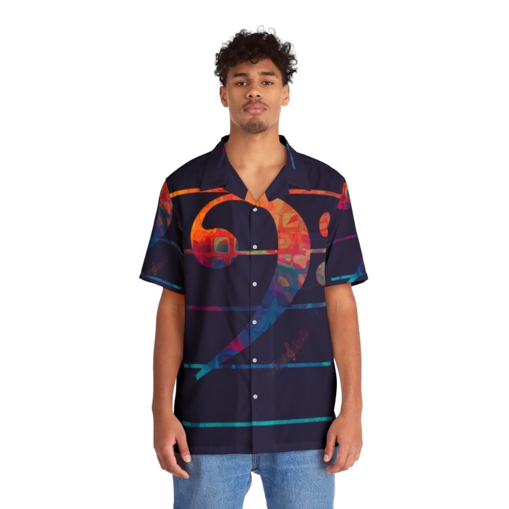 Vibrant bass clef design on a high-quality Hawaiian shirt - People Front