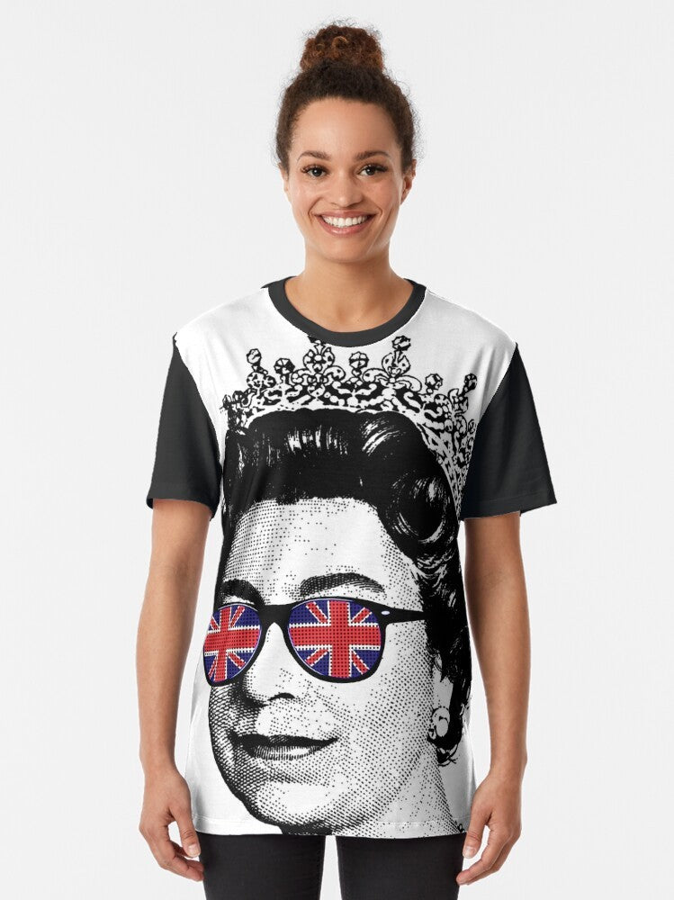 Queen's Platinum Jubilee Union Jack Graphic T-Shirt with Sunglasses and British Flag - Women