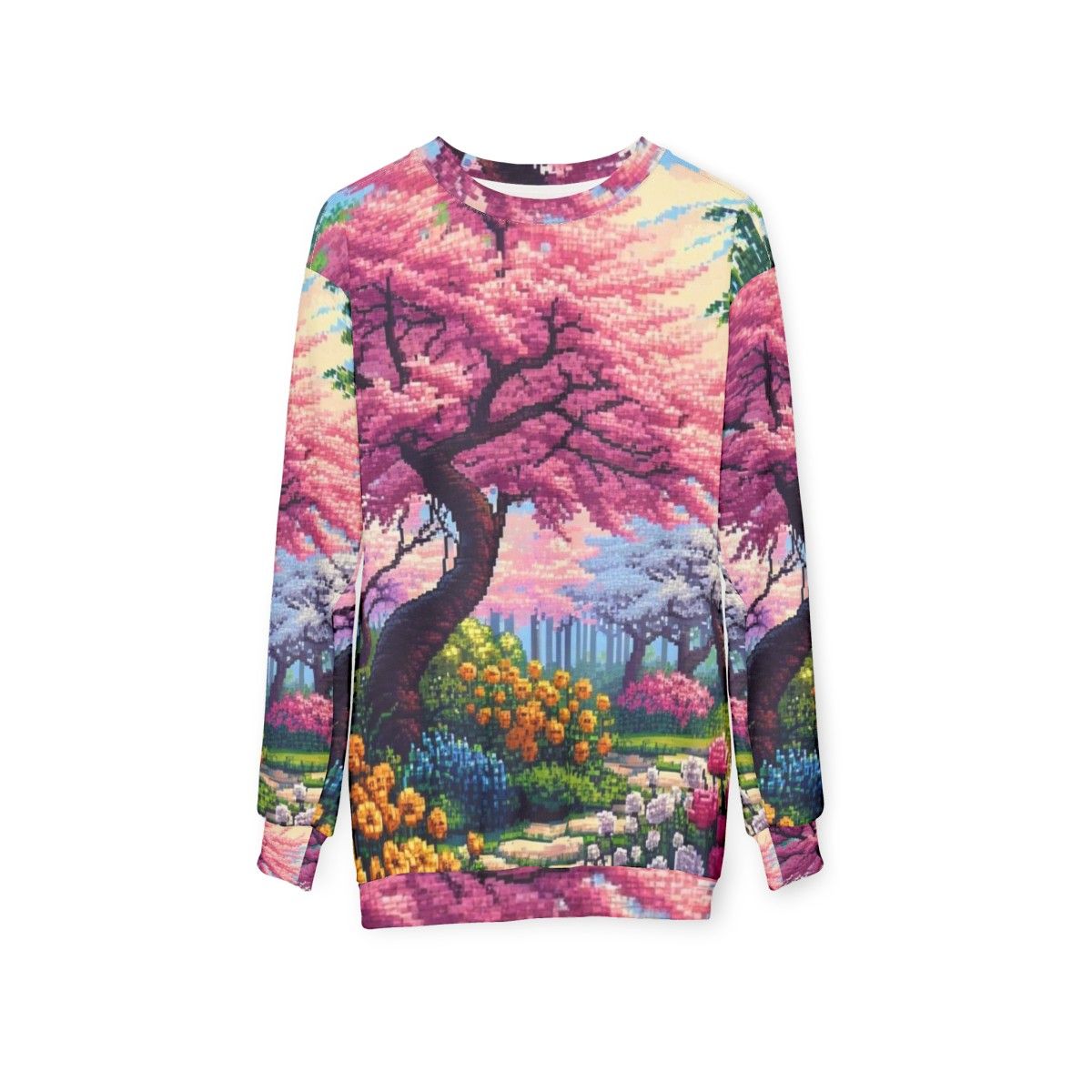 Japanese Cherry Tree Sweatshirt with Vibrant Floral Pixel Art Design - hanging