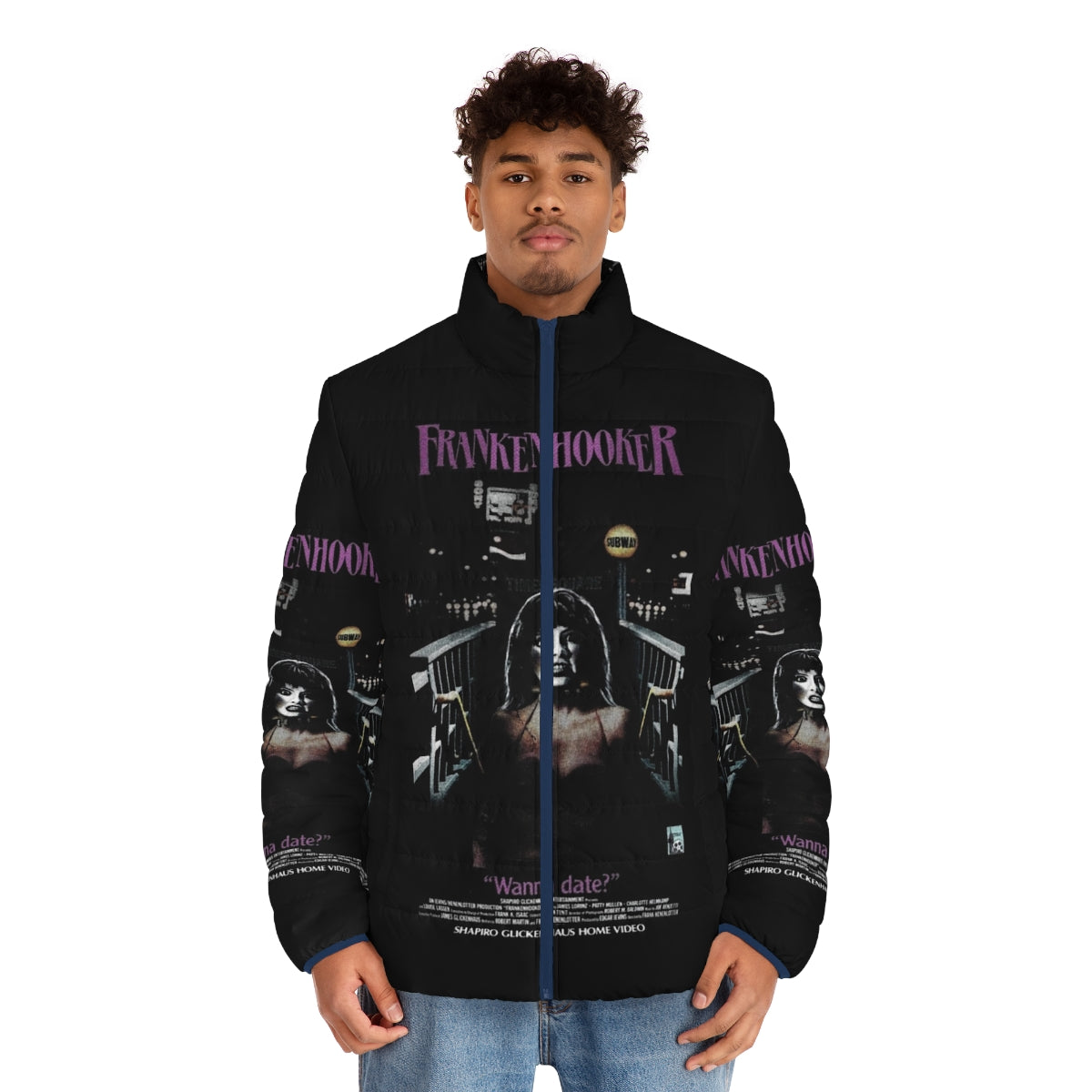 Frankenhooker Retro Puffer Jacket featuring iconic movie imagery and design - men front