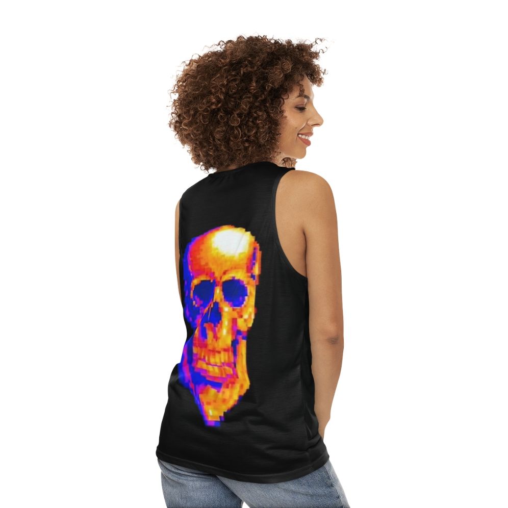 Unisex MDE tank top with skull and pixel art design - women back